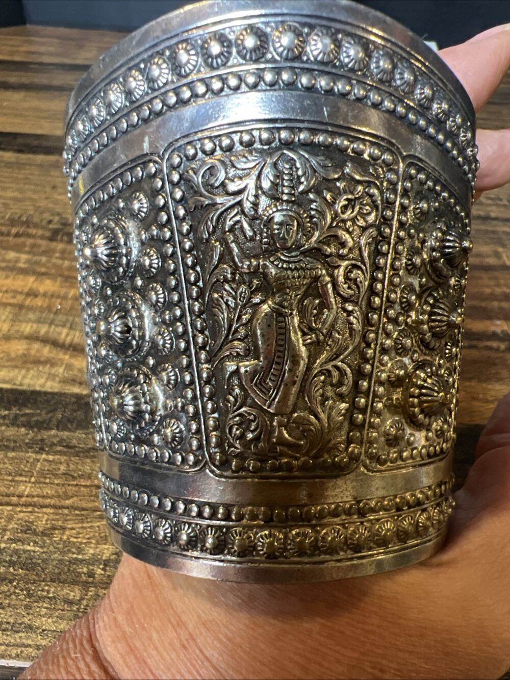 Antique Indian silver cuff bracelet vintage raised Dancer Tested Read